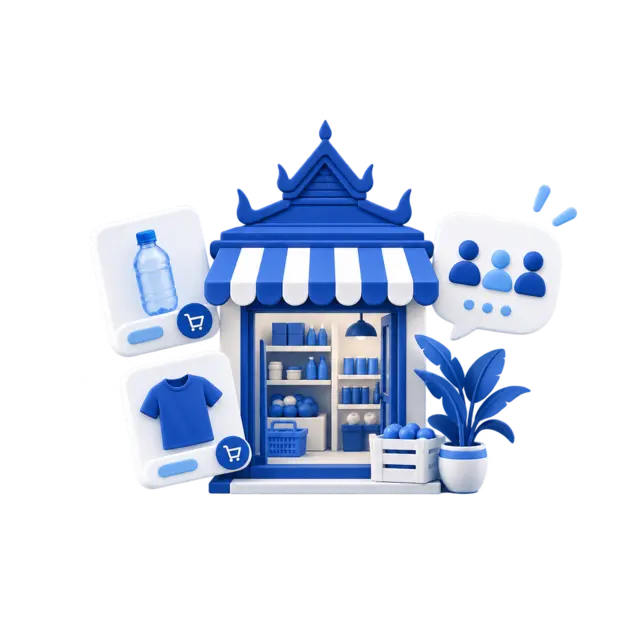Cambodian neighborhood storefront with product and social cards